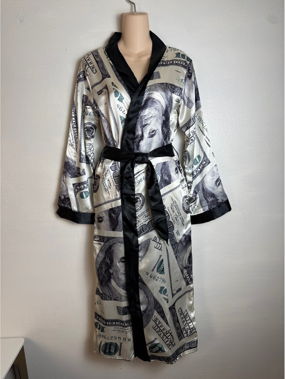 Money Print Satin Robe $100 Bill Kimono Long Belted M/L